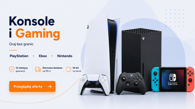 PlayStation, Xbox i Nintendo Switch. Sprawdzone konsole z 12-miesięczną gwarancją, darmową dostawą od 99 zł i szybką wysyłką z Polski.