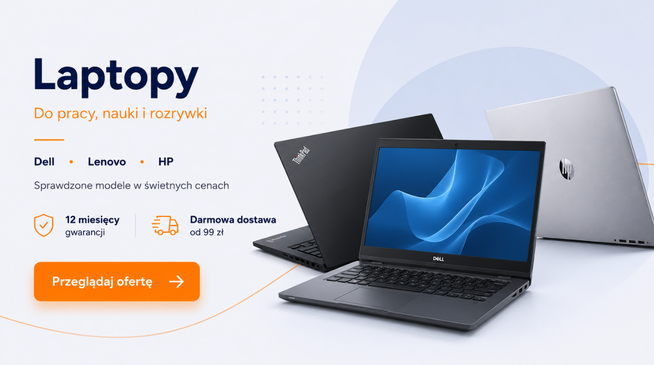 Sprawdzone laptopy Dell, Lenovo, HP i innych renomowanych marek. 12 miesięcy gwarancji, darmowa dostawa od 99 zł oraz szybka wysyłka z Polski.